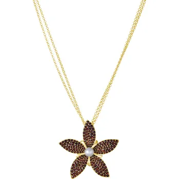 Náhrdelník Stříbrný náhrdelník - brož s českým granátem a perlou, zlacený - květina