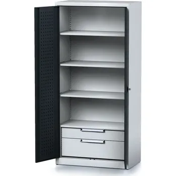 Alfa 3 Policová dílenská skříň 2-dveřová MECHANIC, 3 police, 2 zásuvky, 920 x 500 x 1950 mm, antracitové dveře