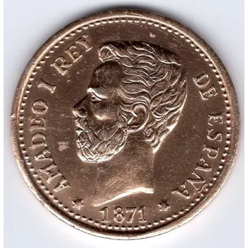 Sběratelství 46 - ŠPANĚLSKO. Amedeo I. 5 pesetas 1871. Kopie, eloxovaný hliník.