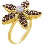 Stříbrný prsten s českým granátem a perlou, zlacený - květina Velikost: 59