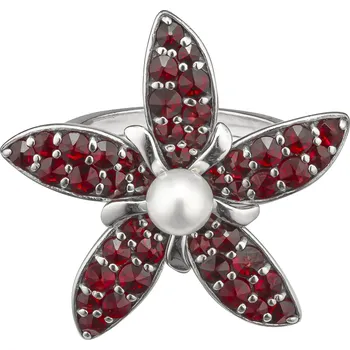 Prsten Stříbrný prsten s českým granátem a perlou, rhodiovaný - květina Velikost: 58