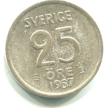 ŠVÉDSKO. 25 öre 1957. Ag. KM-824