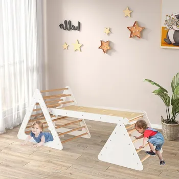 Dětské hřiště Montessori piklerové trojúhelníky sada s rampou XXL White/Natur