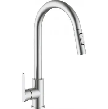 Vodovodní baterie Stojánková dřezová baterie s vytahovací sprchou, broušená nerez, horní montáž