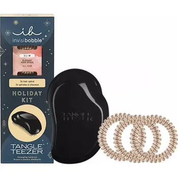 Kosmetická sada Invisibobble Classic Beauty Set - Gumička do vlasů slim 3 ks Zlaté + kartáč na vlasy Tangle Teezer Černý Dárková sada