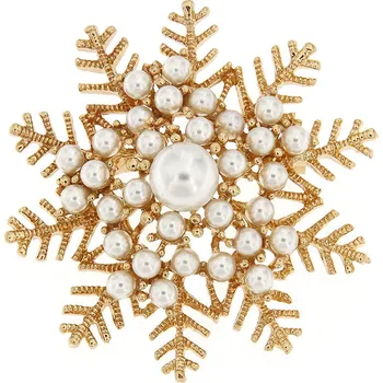 Brož Vánoční brož - vločka ozdobená bílými perličkami, zlaté barvy