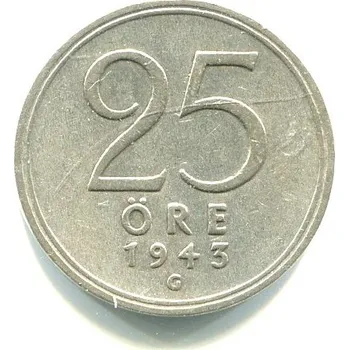 ŠVÉDSKO. 25 öre 1943. Ag.