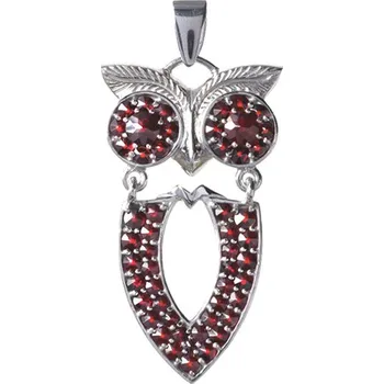 Přívěsek Stříbrný přívěsek s českým granátem, rhodiovaný - zvíře - sova