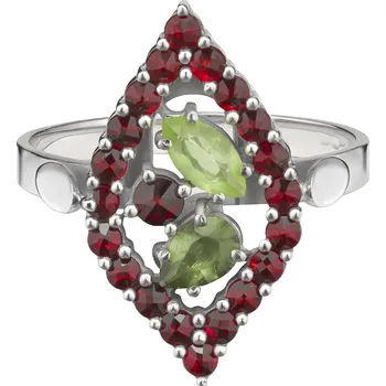 Prsten Stříbrný prsten s českým granátem a vltavínem a peridotem, rhodiovaný - ovál Velikost: 57