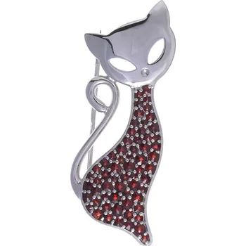 Brož Granát Turnov Stříbrná brož s českým granátem, rhodiovaná - zvíře - kočka