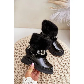 Dětská běžecká obuv Lakované Boty Pro Dívky S Kožešinou A Sponami Cartemes Barva: Černá, Velikost: 35