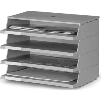 Plastový zásobník na dokumenty, 4 přihrádky, spojovatelný, šedá