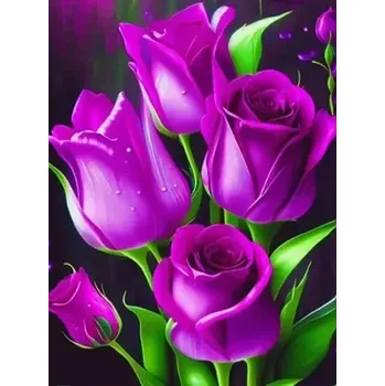 Diamantové malování Diamantové malování/Homfun - Kytice fialových růží + třpytivé kamínky