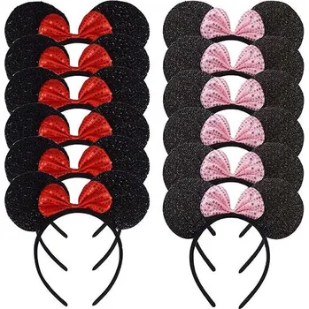 Čelenka Dětská čelenka s ušima myšky | černá čelenka, dětské vlasové doplňky - Černý flitr Červenorůžový