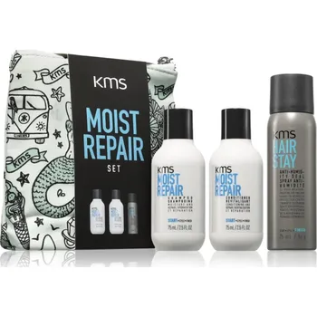 Stylingový přípravek KMS Moist Repair KMS Moist Repair Shampoo šampon s hydratačním účinkem 75 ml + KMS Moist Repair Conditioner hydratační kondicionér pro suché vlasy 75 ml + KMS Hair Stay Anti-Humidity Seal sprej na vlasy voděodolný 75 ml + cestovní kosmetická taška dámská 