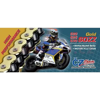 Řetězová sada pro motocykl řetěz 520SDZZ, ČZ - ČR (barva zlatá, 116 článků vč. nýtovací spojky RIVET)