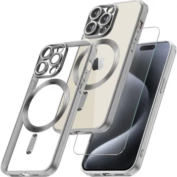 Pouzdro na mobilní telefon Sada tvrzené sklo + silikonový průhledný kryt MagSafe s ochranou fotoaparátu pro iPhone 16 Pro Barva: Stříbrná