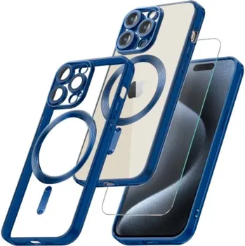 Pouzdro na mobilní telefon Sada tvrzené sklo + silikonový průhledný kryt MagSafe s ochranou fotoaparátu pro iPhone 16 Pro Max Barva: Tmavě modrá