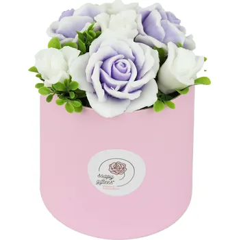umělá květina Mýdlová kytice fialovo bílých růží - kytice ve flowerboxu FL210a