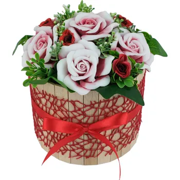 umělá květina Realistická mýdlová kytice červeno bílých růží - kytice v dřevěném boxu