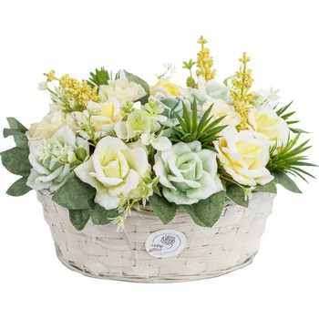 umělá květina Mýdlová kytice světle zelených a světle žlutých růží - kytice v proutěném koši