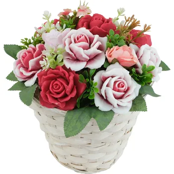 umělá květina Mýdlová kytice červených a červeno bílých růží - kytice v proutěném koši