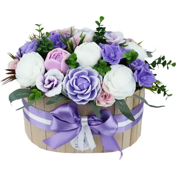 umělá květina Dárkový dřevěný box s květy - mýdlová kytice s květy růže a pivoňky