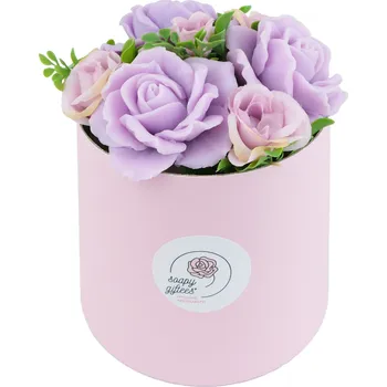 umělá květina Mýdlová kytice fialovo bílých růží - mýdlová kytice ve flowerboxu FL115b