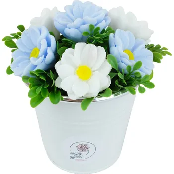 umělá květina Realistická mýdlová kytice modrých a bílých dálií - kytice v plechovém květináči PL206c