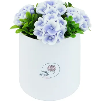 umělá květina Mýdlová kytice fialových hortenzií - kytice ve flowerboxu FL203a