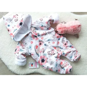 Kojenecká kombinéza AMÁLKA Zateplená kombinéza pro miminko, ptáčci s květy Velikost: 74-80
