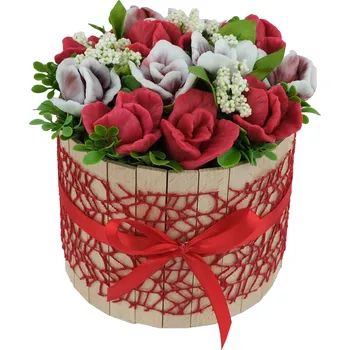 umělá květina Mýdlová kytice plná červených a hnědo bílých květů lilie - kytice v dřevěném boxu