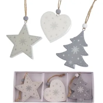 Vánoční dekorace Závěs vánoční s vločkou 7cm, 3ks, dřevěný, mix
