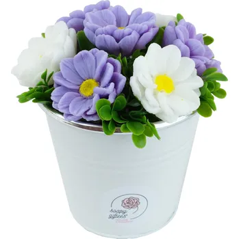 umělá květina Realistická mýdlová kytice fialových a bílých dálií - kytice v plechovém květináči PL206b
