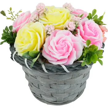 umělá květina Krásná mýdlová kytice růžových a žlutých pivoněk - kytice v proutěném koši PR074a