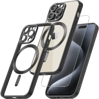 Pouzdro na mobilní telefon Sada tvrzené sklo + silikonový průhledný kryt MagSafe s ochranou fotoaparátu pro iPhone 15 Barva: Černá