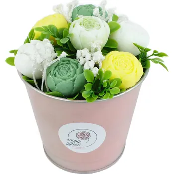 umělá květina Mýdlová kytice s bílými, zelenými a žlutými pivoňkami – kytice v plechovém květináčku PL089c