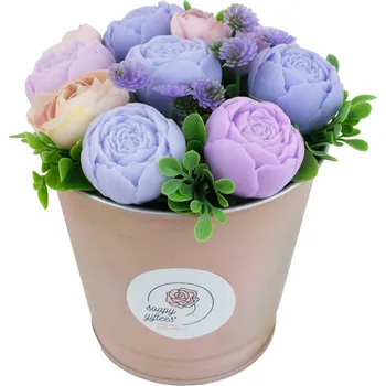 umělá květina Mýdlová kytice plná fialových pivoněk - kytice v plechovém květináči PL089a