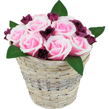 umělá květina Nádherná mýdlová kytice růžových růží - kytice v proutěném koši