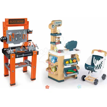 Dětská kuchyňka Set obchod a pracovní dílna Market Smoby s elektronickým skenerem a 79 doplňků pro řemeslníky