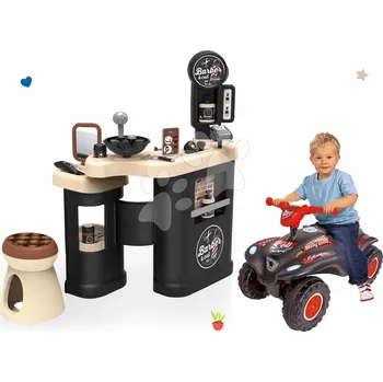 Odrážedlo Set holičství trojkřídlé Barber Cut&Barber Shop Smoby a odrážedlo čtyřkolka Quad s klaksonem