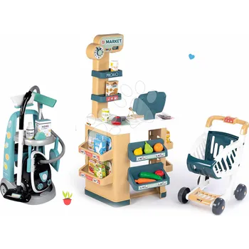 Dětská kuchyňka Set úklidový vozík s elektronickým vysavačem Cleaning Trolley Vacuum Cleaner Smoby a obchod s potravinami a skenerem se světlem a zvukem