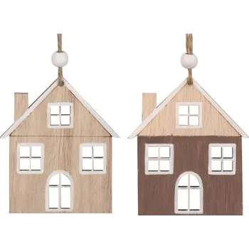 Vánoce Domeček dřevěný závěs natur/hnědá - 7x8 cm