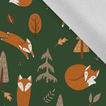 Látka softshell zimní pružný podzimní lišky na tmavě zelené zvětšený vzor