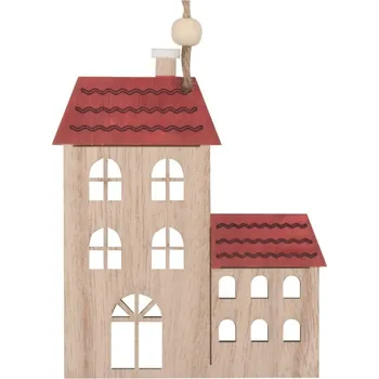 Vánoce Dvojdomek dřevěný závěs natur/červená - 11 cm