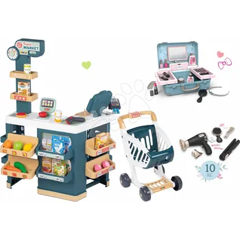 Hra na obchod Set obchod elektronický s váhou a skenerem Super Market a kosmetický kufřík 3v1 Smoby a kadeřnice s elektronickým fénem