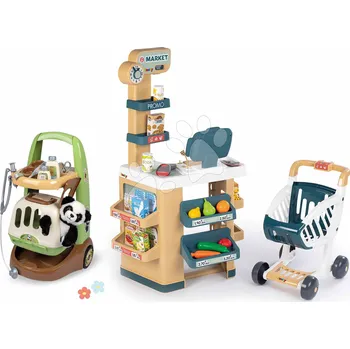 Hra na obchod Set obchod a veterinární vozík Market Smoby s elektronickým skenerem s kufříkem a plyšovou pandou