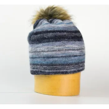 Čepice Dámská pletená čepice s bambulí melír pruhy - do modra