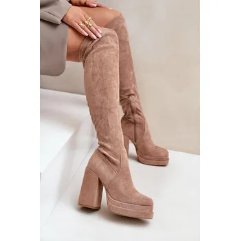 Dámské kozačky Kozačky S Návrhem Nad Koleno Na Podpatku A Platformě Nadelian Barva: Béžová, Velikost: 40