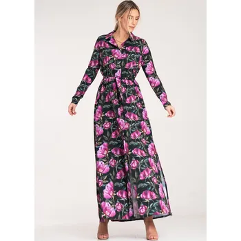 Dámské oblečení Dámské vzorované černé košilové maxi šaty M1077 Pattern 72 Velikost: M